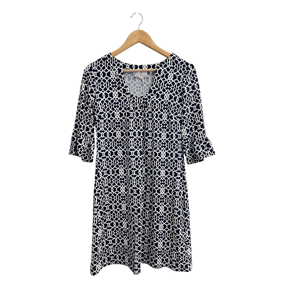 Jude Connally Navy White Geometric V-Neck Ruffle Sleeve Shift Dress Medium